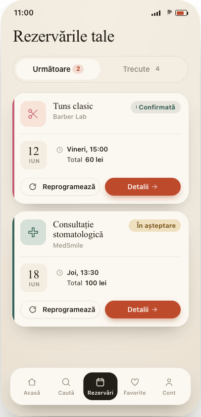 Lista rezervărilor clientului în RezervAcum, viitoare și trecute