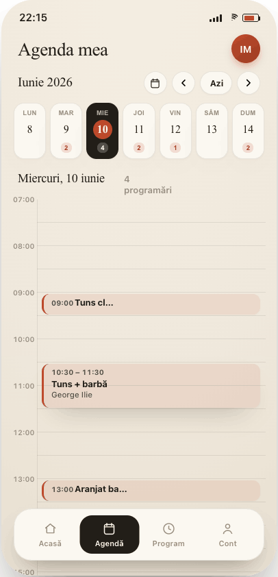 Agenda zilei angajatului în RezervAcum, cu programări pe ore