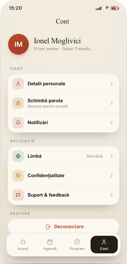 Contul angajatului în RezervAcum: detalii personale, parolă, notificări, limbă
