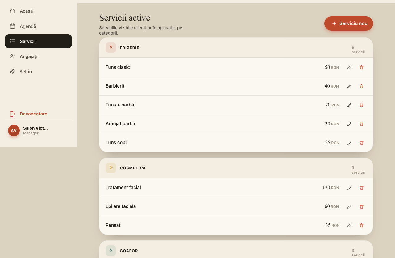 Pagina de servicii RezervAcum cu prețuri pe categorii